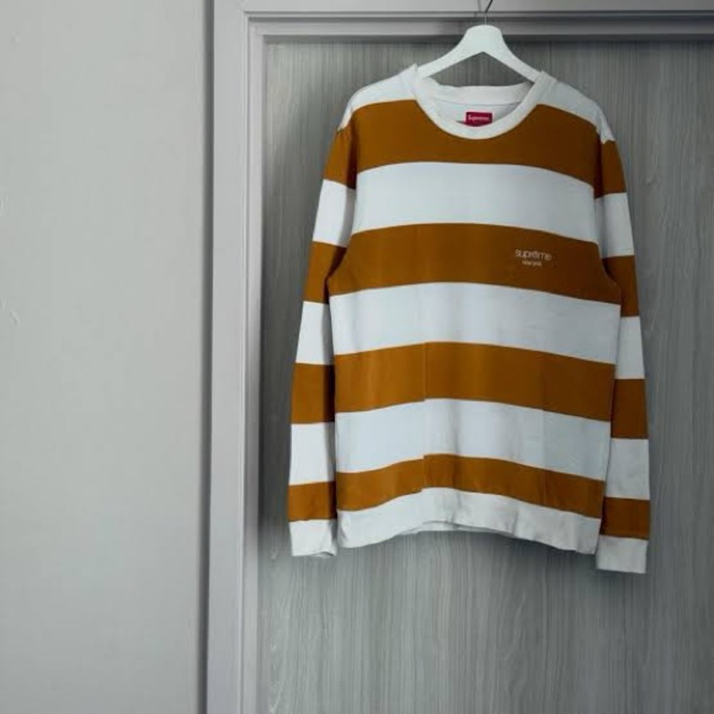 Supreme SS16 Striped Pique Crewneck Medium White and Tan Striped Top